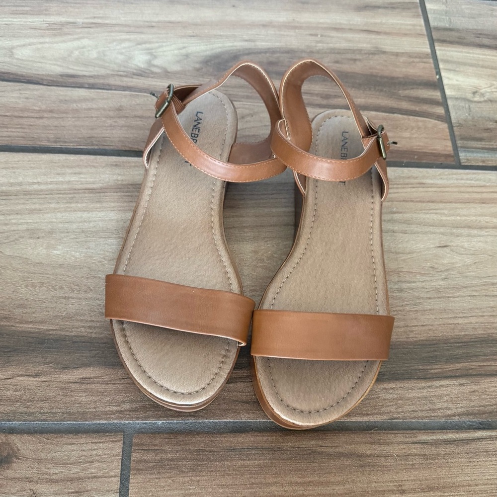 Lane Bryant Tan Leather Ankle-Strap Flat Sandals